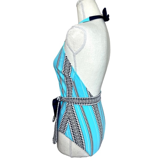 NWT Lemlem turquoise navy white tribal stripe belted swimsuit size medium - Picture 6 of 16